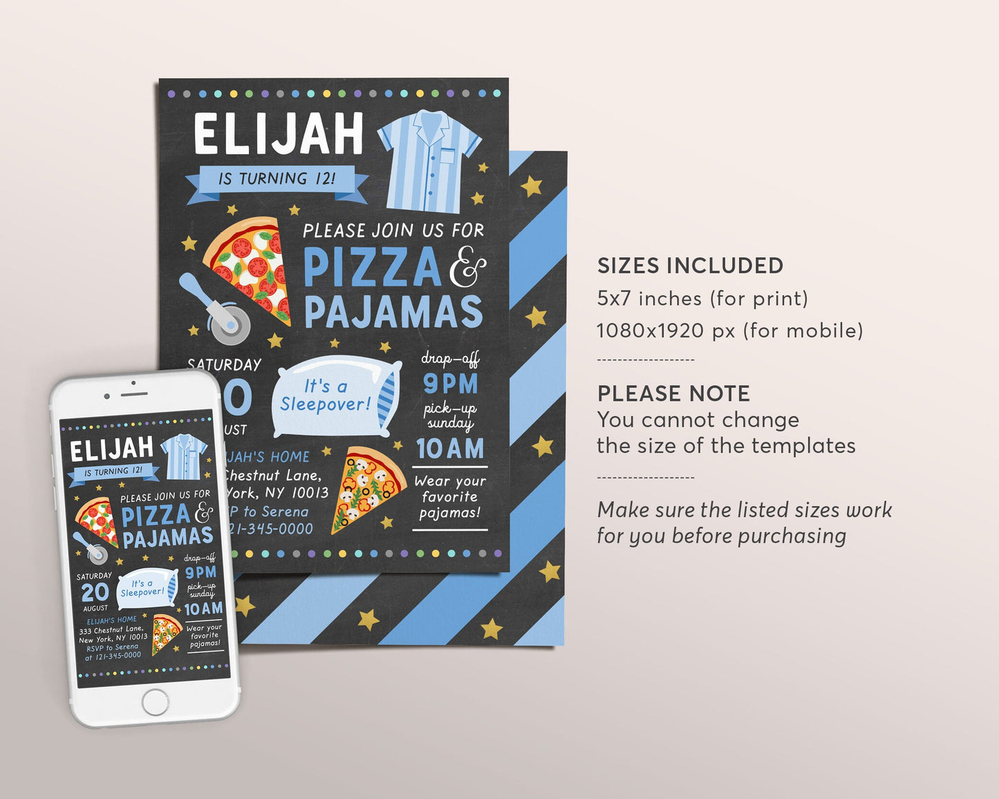 Editable Pizza and Pajamas Party Invitation Template, Kids Birthday Party Invite, Sleepover Party, Boy Teen Tween Printable, PJ Pyjamas