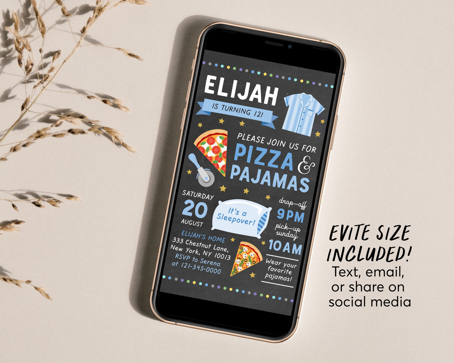 Editable Pizza and Pajamas Party Invitation Template, Kids Birthday Party Invite, Sleepover Party, Boy Teen Tween Printable, PJ Pyjamas