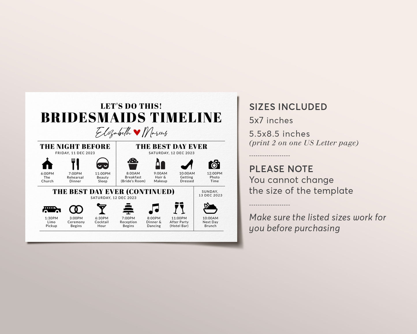 Editable Wedding Day Timeline Bridesmaids Itinerary Template, Wedding Weekend Schedule Party Agenda Printable Handout, Order of Events