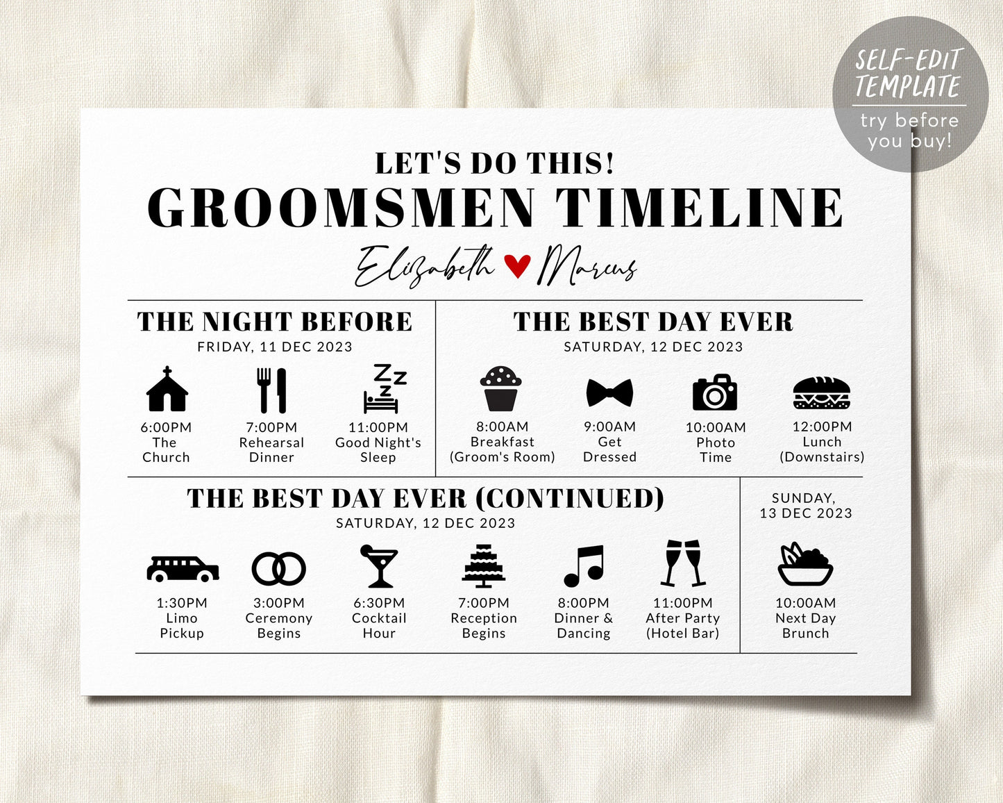 Editable Wedding Day Timeline Groomsmen Itinerary Template, Wedding Weekend Schedule Party Agenda Printable Handout, Order of Events Guys