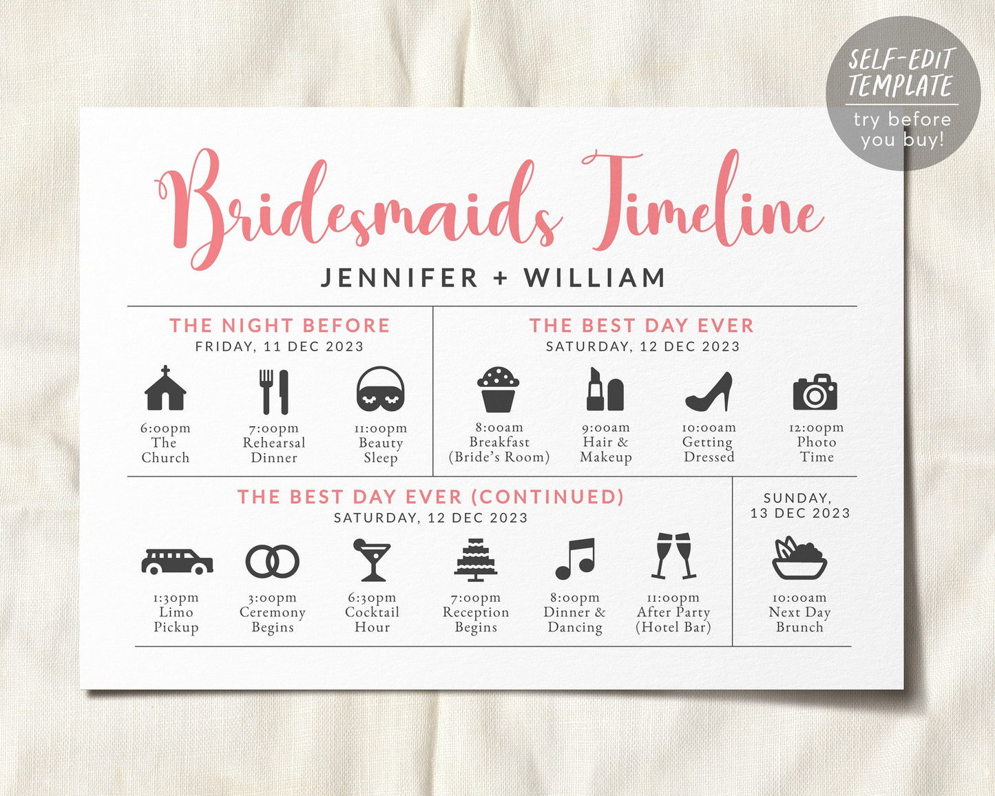 Editable Wedding Day Timeline Bridesmaids Itinerary Template, Wedding Weekend Schedule Party Agenda Printable Handout, Order of Events