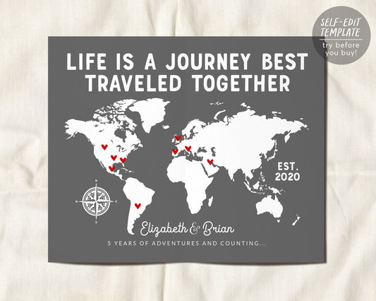 Editable Couples Travel Map Print Template, Life is a Journey Best Traveled Together, Military Nomad Family Places We've Been, Anniversary