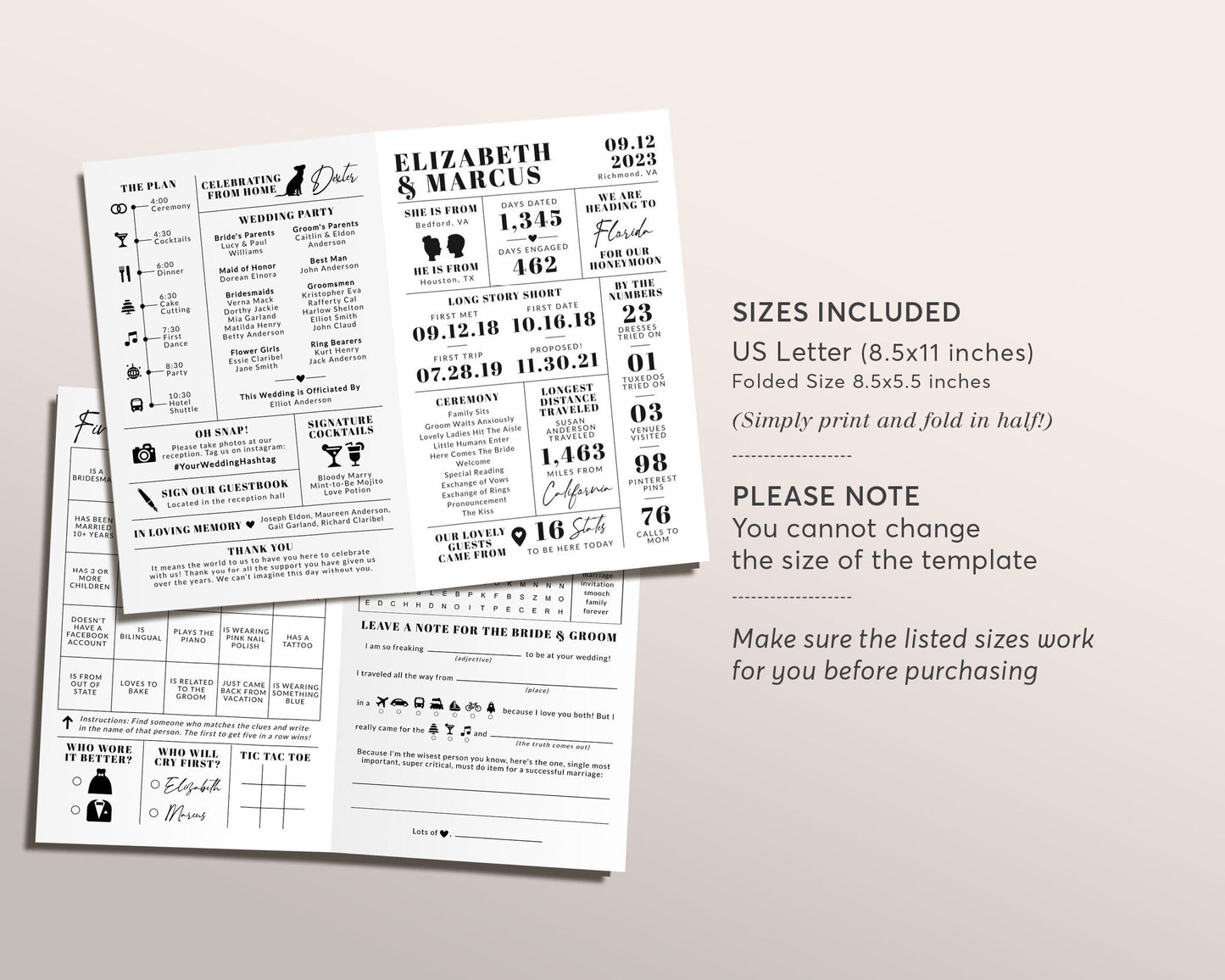 Modern Wedding Bifold Program Editable Template, Black and White Itinerary Timeline, Wedding Bingo Games Advice Card, Ceremony Order Events