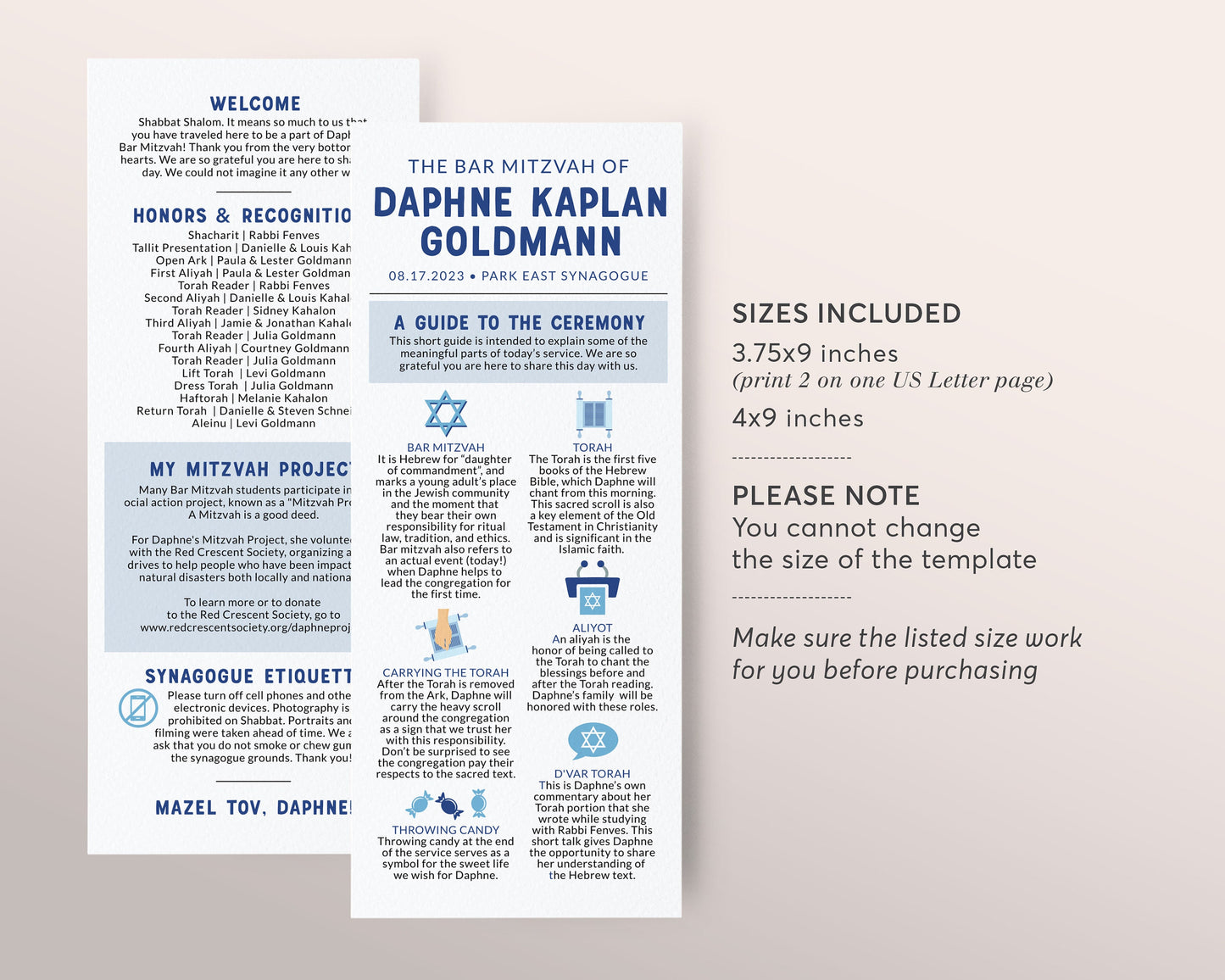 Editable Jewish Bar or Bat Mitzvah Program Infographic Template, Unique Modern Mitzvah Itinerary Timeline Ceremony, Hotel Welcome Bag Note