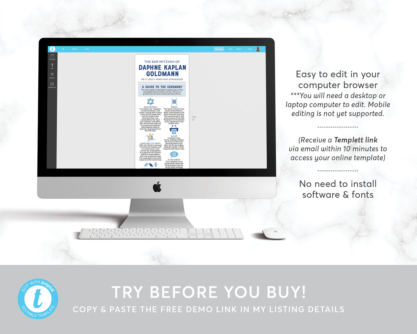Editable Jewish Bar or Bat Mitzvah Program Infographic Template, Unique Modern Mitzvah Itinerary Timeline Ceremony, Hotel Welcome Bag Note