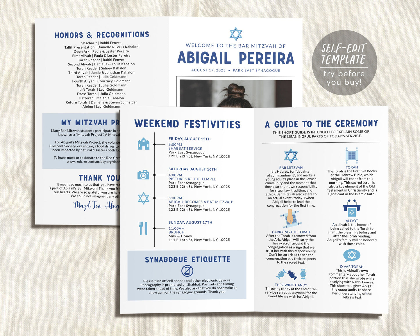 Editable Jewish Bar or Bat Mitzvah Bifold Program Infographic Template, Modern Mitzvah Itinerary Timeline Booklet, Hotel Welcome Bag Note