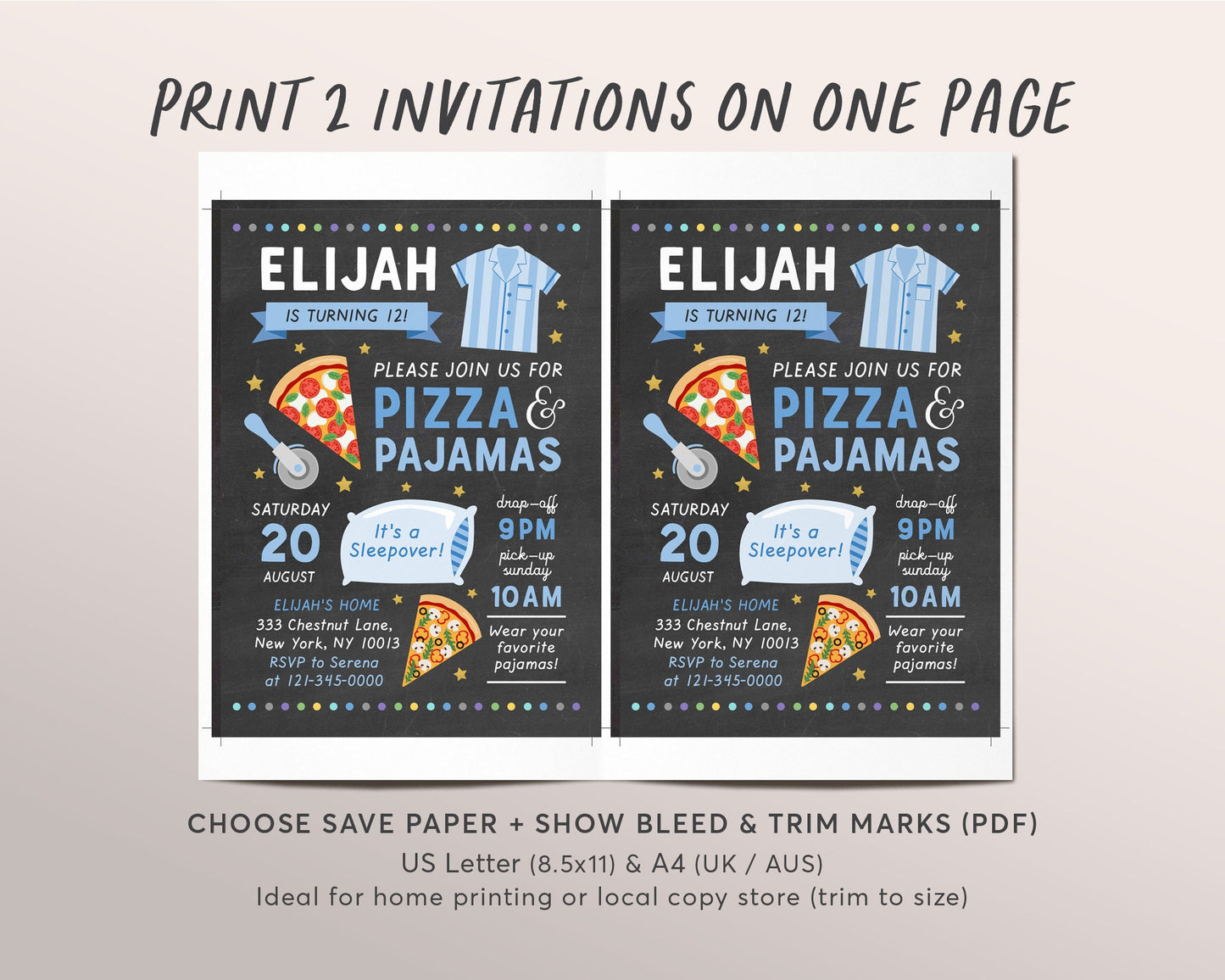 Editable Pizza and Pajamas Party Invitation Template, Kids Birthday Party Invite, Sleepover Party, Boy Teen Tween Printable, PJ Pyjamas