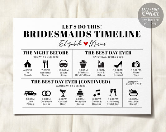 Editable Wedding Day Timeline Bridesmaids Itinerary Template, Wedding Weekend Schedule Party Agenda Printable Handout, Order of Events