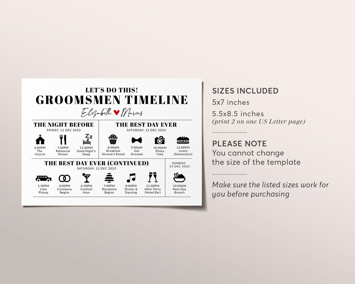 Editable Wedding Day Timeline Groomsmen Itinerary Template, Wedding Weekend Schedule Party Agenda Printable Handout, Order of Events Guys