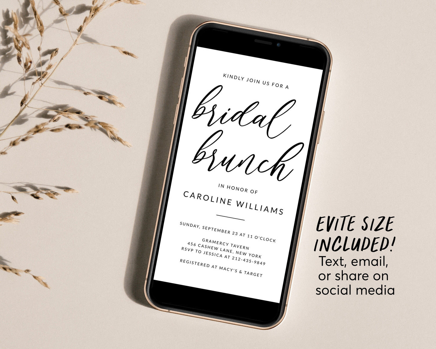 Editable Minimalist Bridal Brunch Invitation Template, Modern Simple Bridal Luncheon Invite, Black And White Bridal Shower Invites