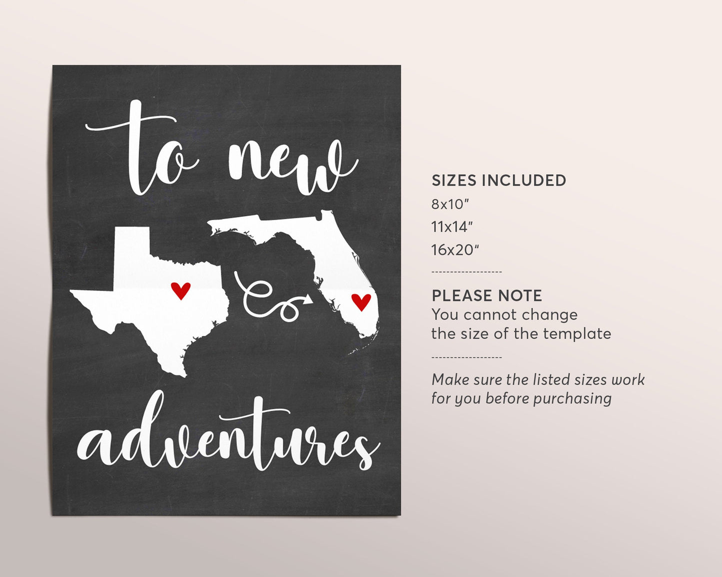 Editable Going Away State to State Gift Template, New Adventures Cross Country, College Long Distance Friends Family, Chalkboard Two States