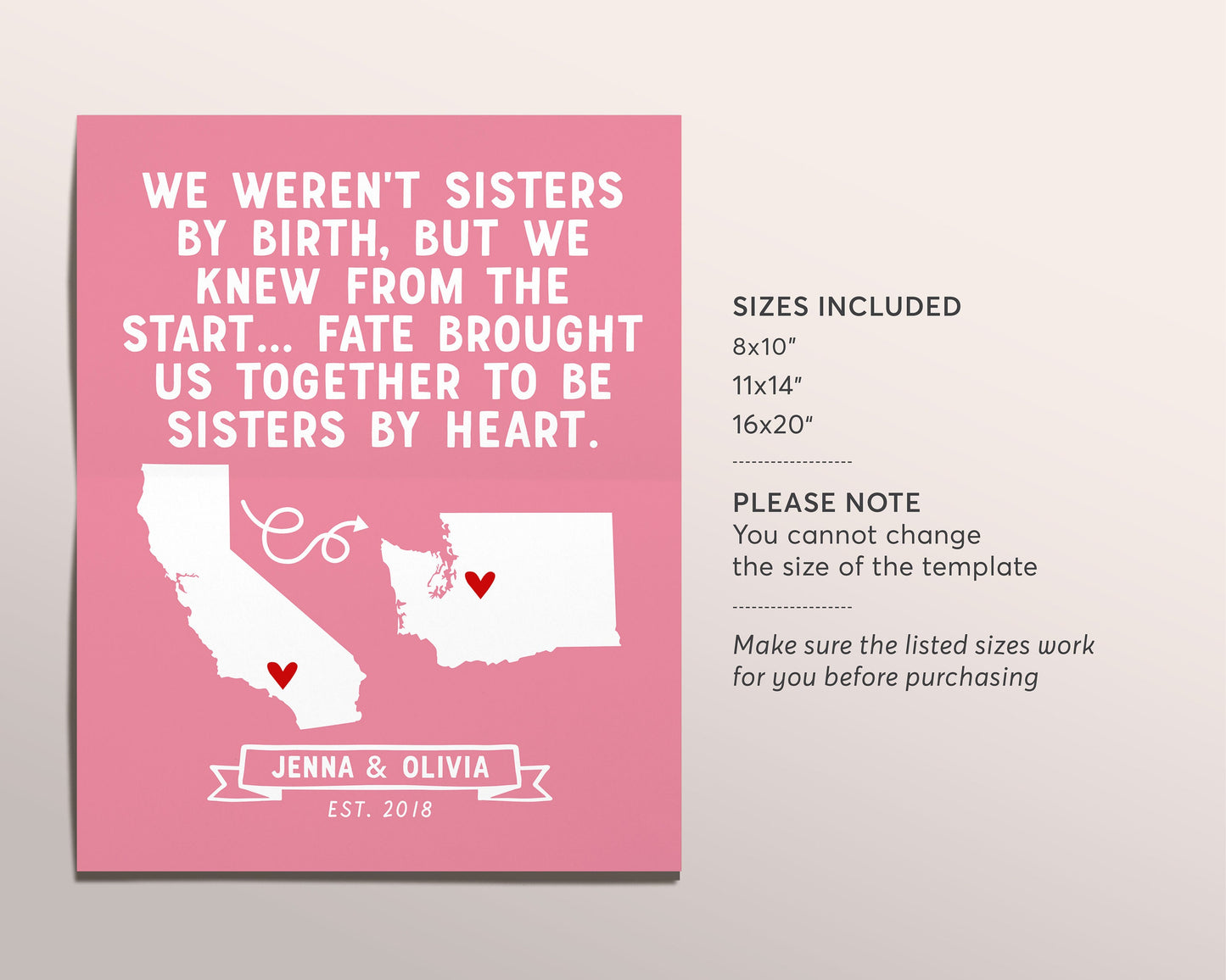 Editable Not Sisters by Birth but Sisters by Heart Template, Best Friends Moving Away Leaving Birthday Gift, Long Distance Friendship Map