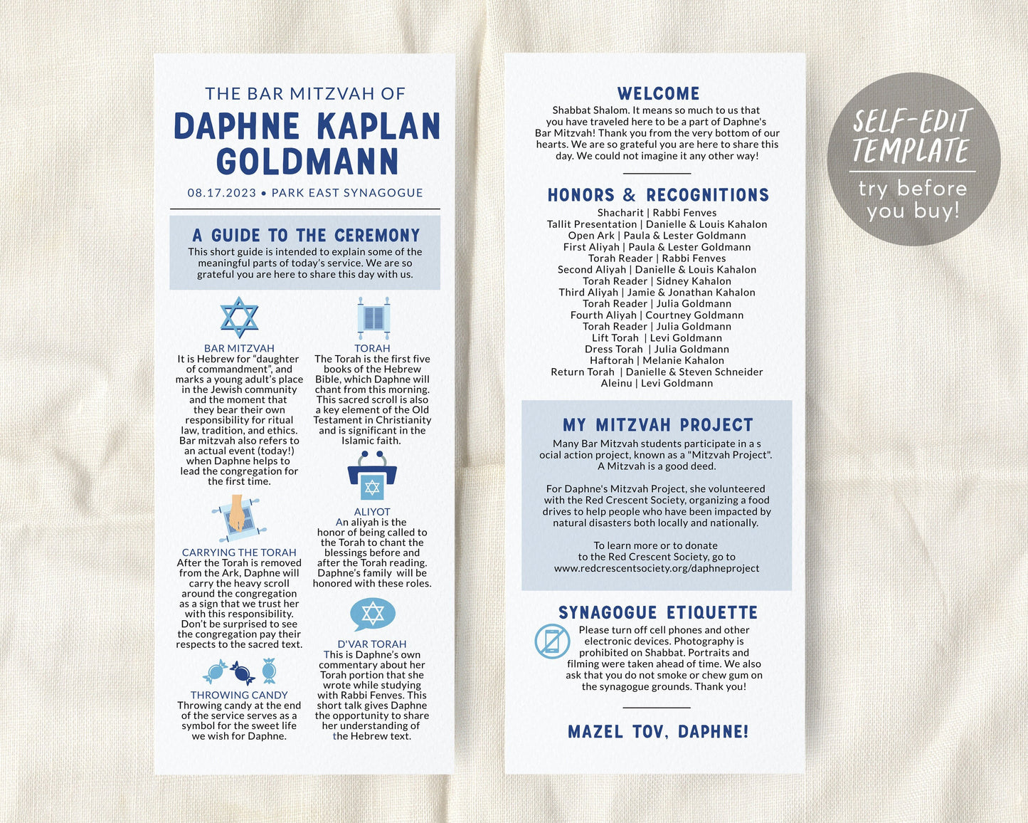 Editable Jewish Bar or Bat Mitzvah Program Infographic Template, Unique Modern Mitzvah Itinerary Timeline Ceremony, Hotel Welcome Bag Note