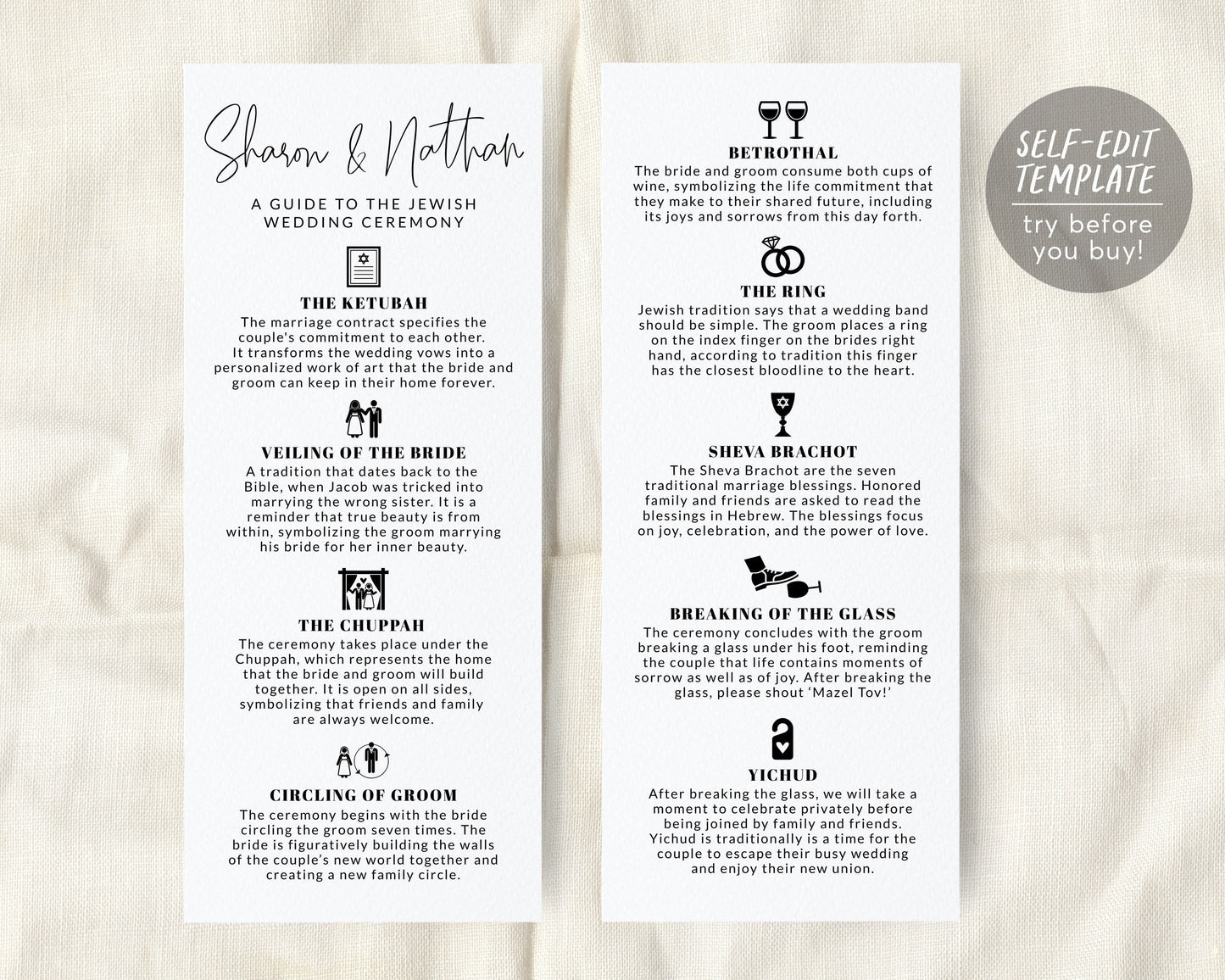 Editable Jewish Minimalist Wedding Program Template, Jewish Explanation, Judaica Icons, Long Wedding Program, Religious Program Guide