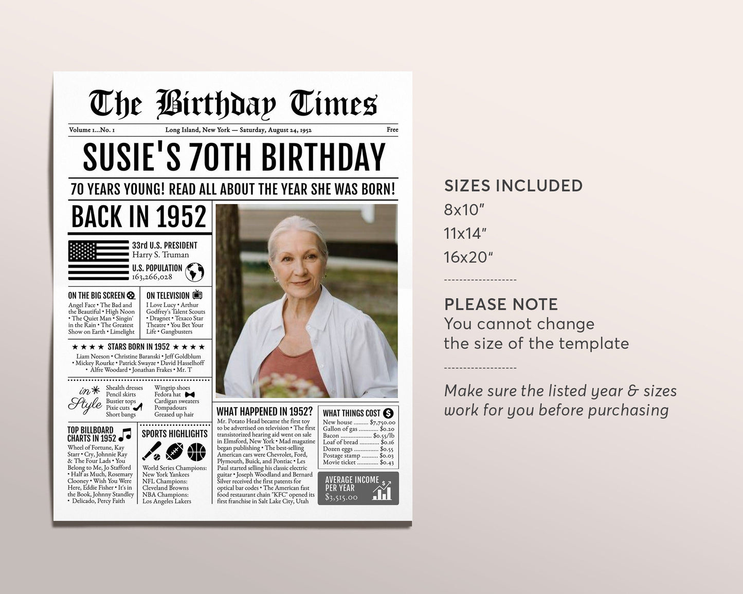 Back in 1952 Birthday Newspaper Editable Template, 71 72 73 Years Ago, 71st 72nd 73rd Birthday Sign Decorations Decor for Men or Women
