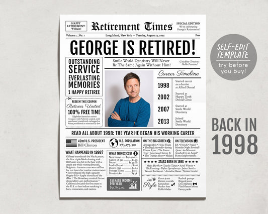 Editable Retirement Celebration Sign, Unique Newspaper Retirement Gifts for Men Women, Dentist Doctor Medical Gift, History Back in 1998