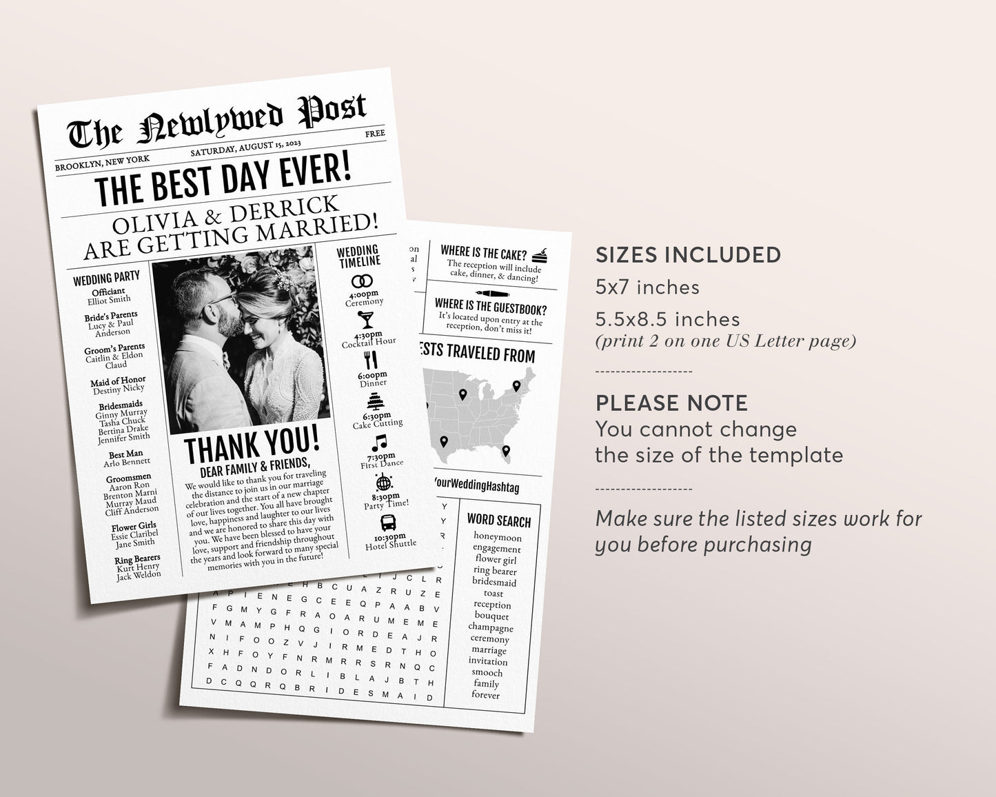 Mini 5x7 Newspaper Wedding Program Template, Editable Timeline Printable, Unique Wedding Program, Reception Program Booklet, Black and White