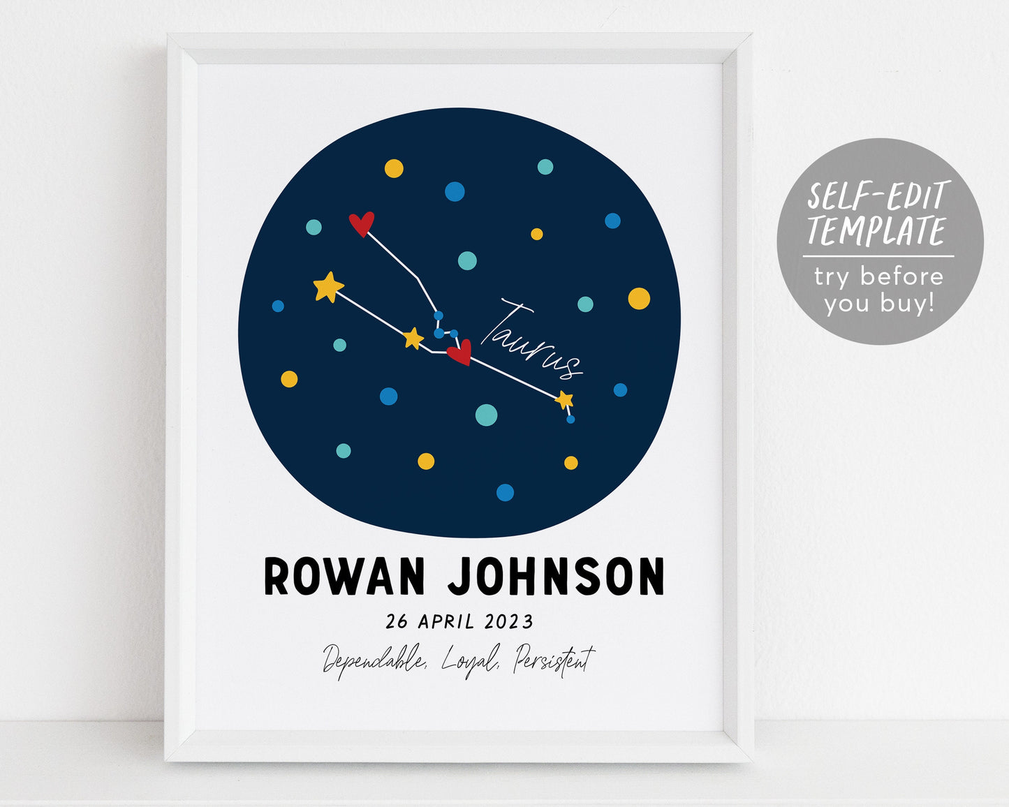 Taurus Zodiac New Baby Gift Editable Template, Astrological Star Sign, Constellation Art Print, Astrology Nursery Wall Decor Printable