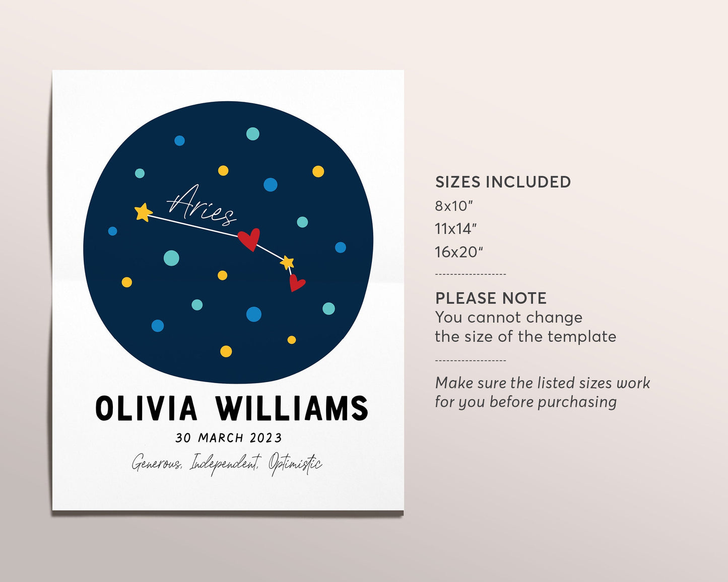 Aries Zodiac New Baby Gift Editable Template, Astrological Star Sign, Constellation Art Print, Astrology Nursery Wall Decor Printable