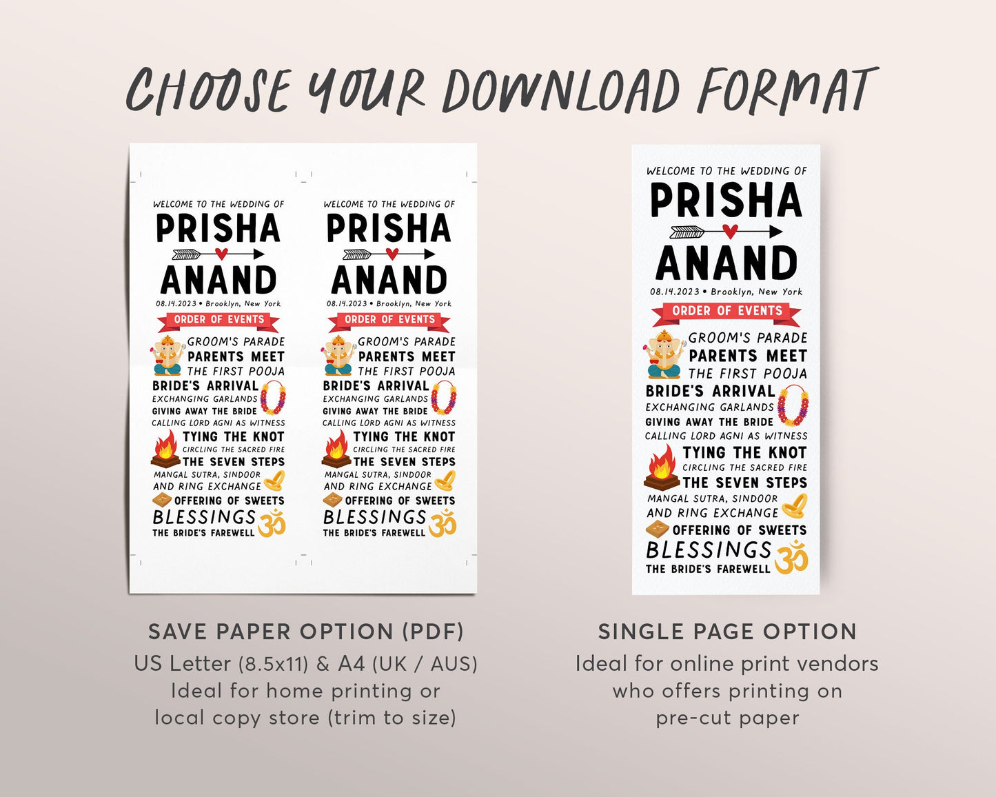 Editable Hindu Ceremony Program Template, Long Hindu Order Of Events Wedding Program, Indian Wedding Ceremony Steps, Modern Invitation