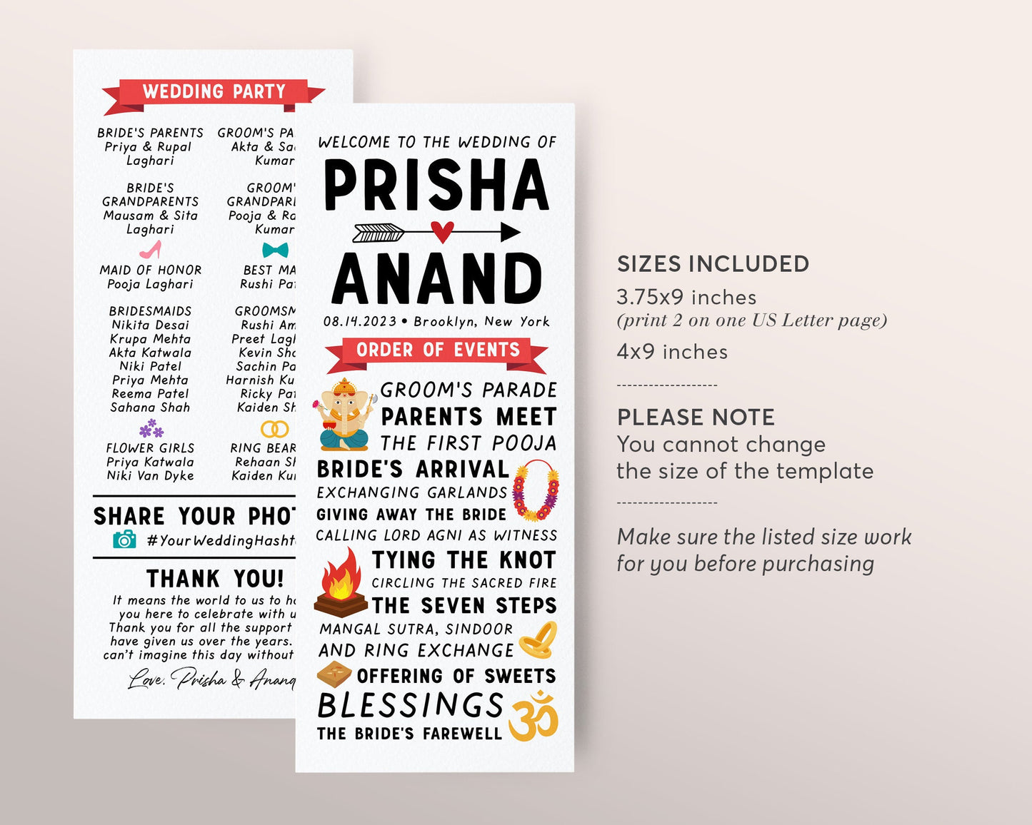 Editable Hindu Ceremony Program Template, Long Hindu Order Of Events Wedding Program, Indian Wedding Ceremony Steps, Modern Invitation