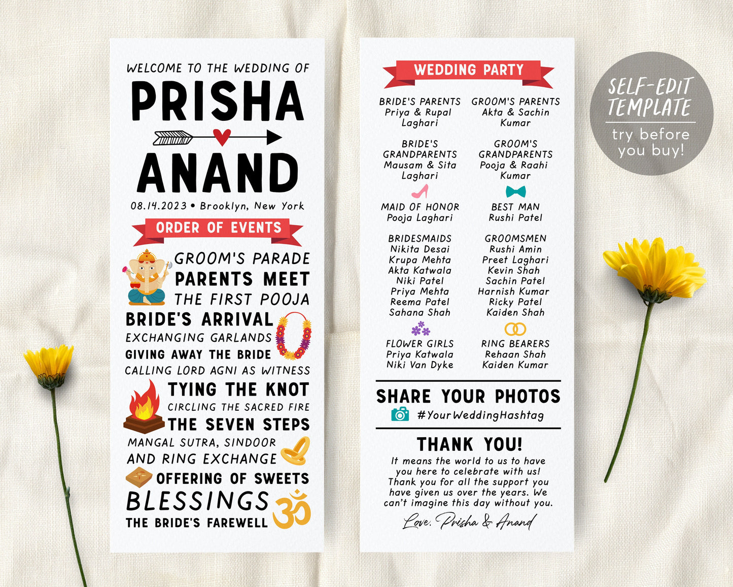Editable Hindu Ceremony Program Template, Long Hindu Order Of Events Wedding Program, Indian Wedding Ceremony Steps, Modern Invitation