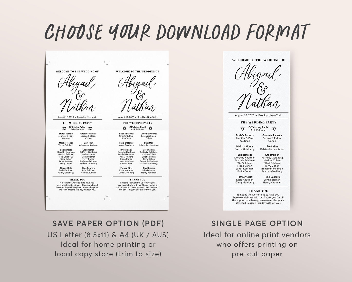 Jewish Wedding Program Template, Jewish Explanation, Judaica Minimal program, Long Wedding Program, Religious Wedding Program Guide