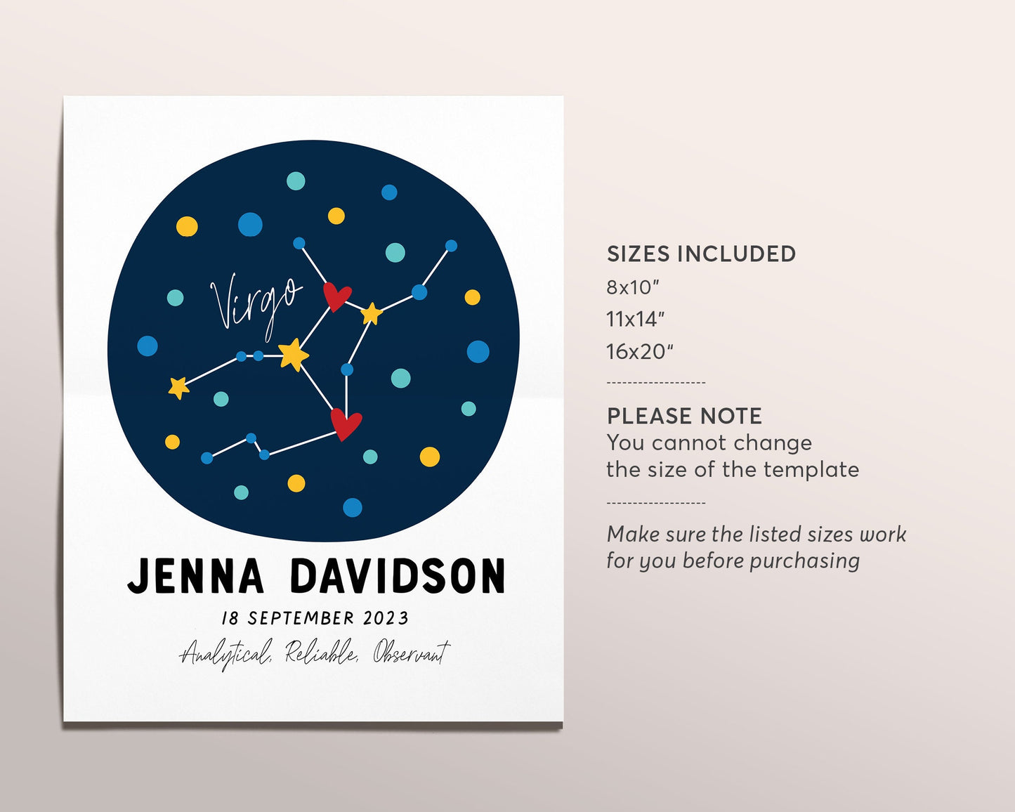 Virgo Zodiac New Baby Gift Editable Template, Astrological Star Sign, Constellation Art Print, Astrology Nursery Wall Decor Printable