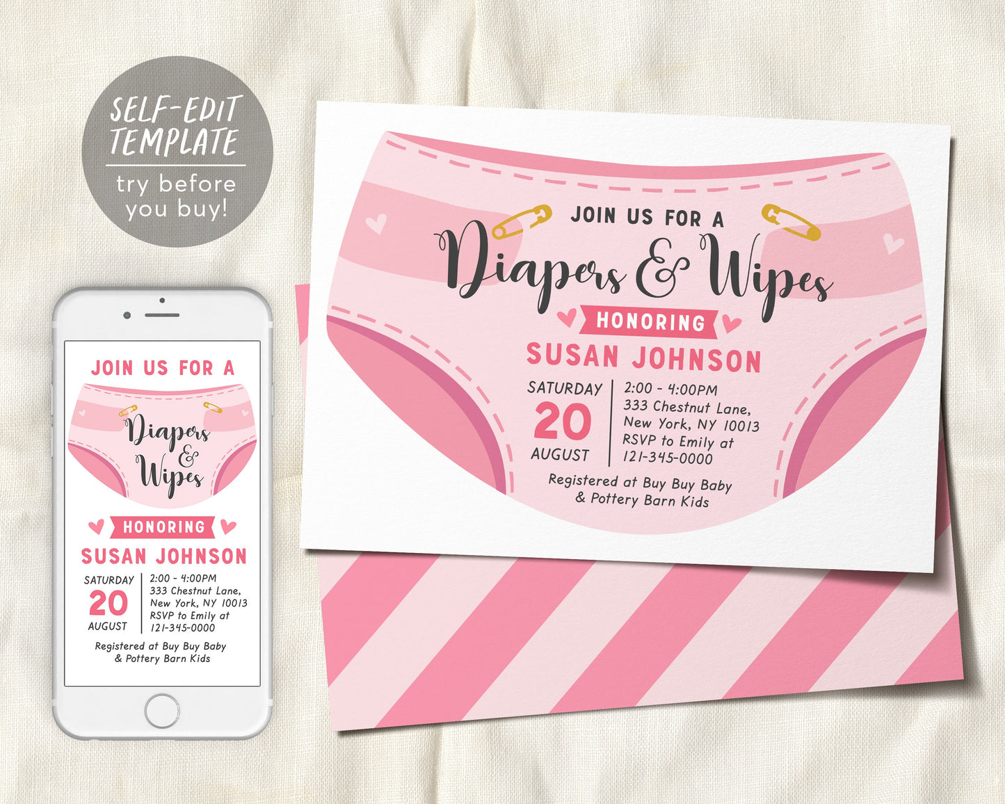 Editable Diaper and Wipes Baby Shower Invitation Template, Baby Girl Pink Blush Baby Shower, Nappy, Baby Sprinkle Invite, It's A Girl
