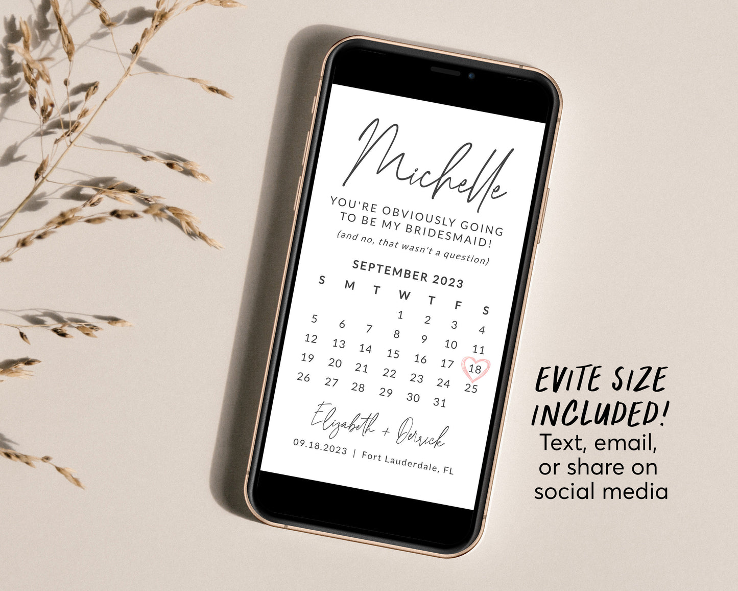 Bridesmaid Calendar Proposal Card Editable Template, Funny Maid Of Honor Proposal, Will You Be My Bridesmaid, Minimalist Save The Date