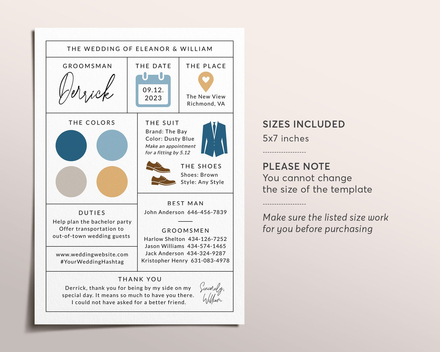 Groomsman Info Card Editable Template, Groomsmen Expectations Info Proposal Card, Best Man Information Card, Minimalist Modern Infographic