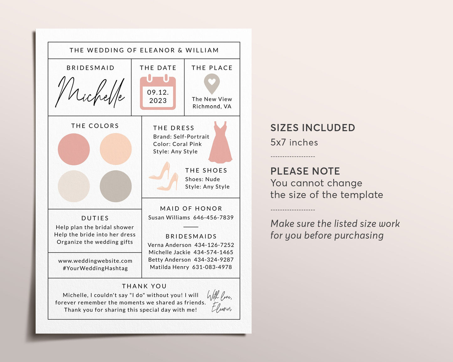 Bridesmaid Info Card Editable Template, Bridal Party Info Card, Maid Of Honor Information Card, Minimalist Modern Bridesmaid Infographic