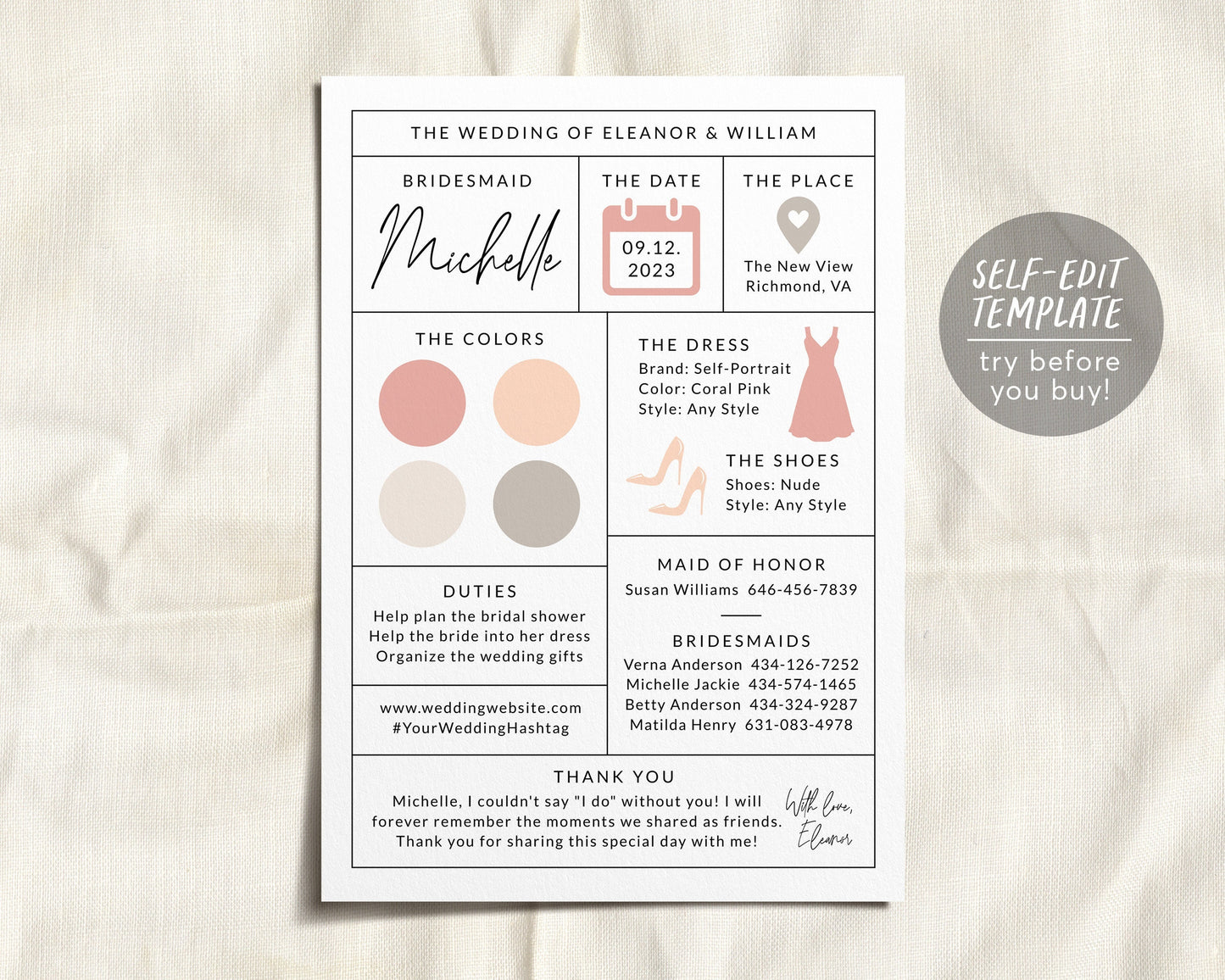 Bridesmaid Info Card Editable Template, Bridal Party Info Card, Maid Of Honor Information Card, Minimalist Modern Bridesmaid Infographic