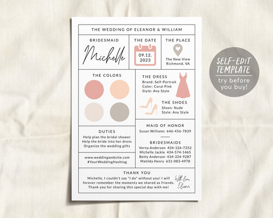 Bridesmaid Info Card Editable Template, Bridal Party Info Card, Maid Of Honor Information Card, Minimalist Modern Bridesmaid Infographic