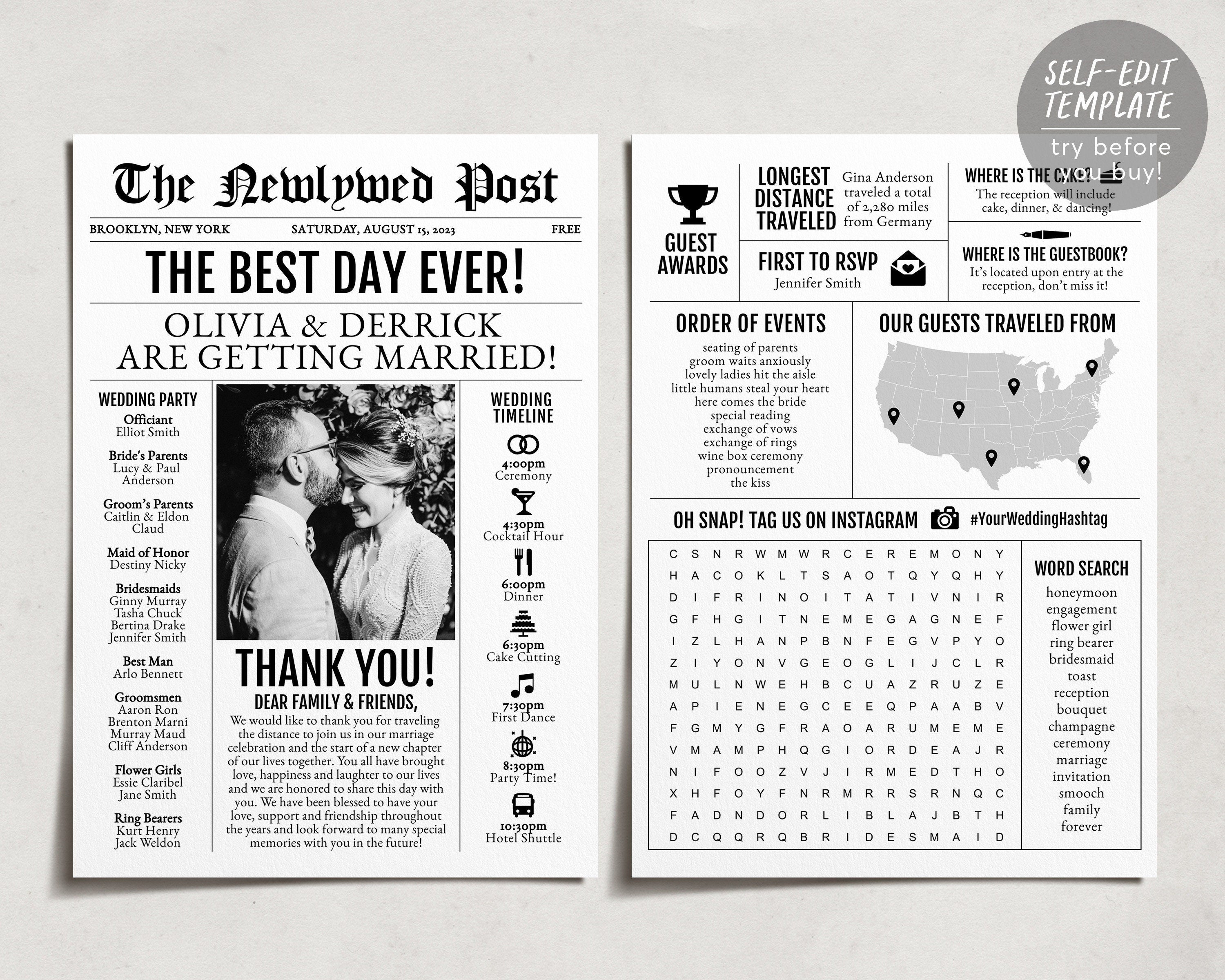 Mini 5x7 Newspaper Wedding Program Template, Editable Timeline Printab Mini 5x7 Newspaper Wedding Program Template, Editable Timeline Printab