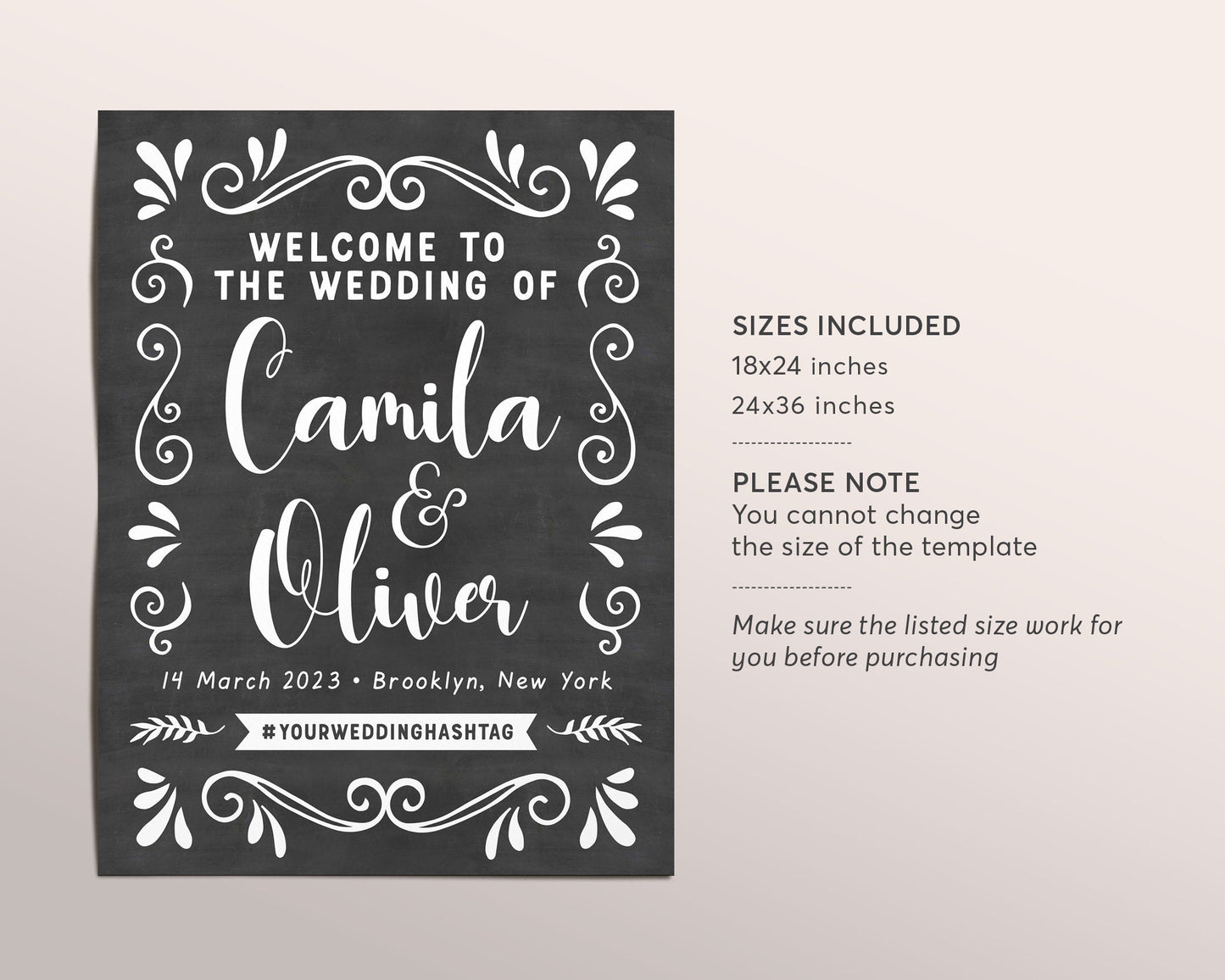 Editable Wedding Chalkboard Welcome Sign Template, Rustic Barn Reception Ceremony Poster Signage, Custom Wedding Decor Hashtag Printable