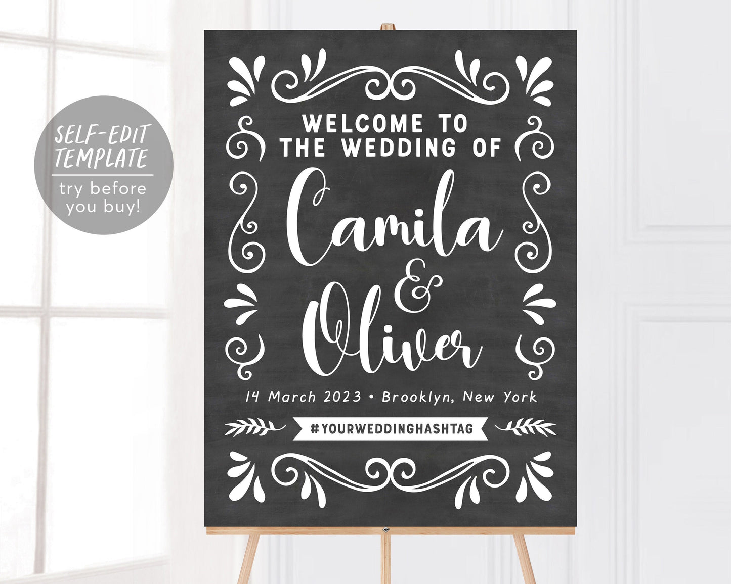 Editable Wedding Chalkboard Welcome Sign Template, Rustic Barn Reception Ceremony Poster Signage, Custom Wedding Decor Hashtag Printable