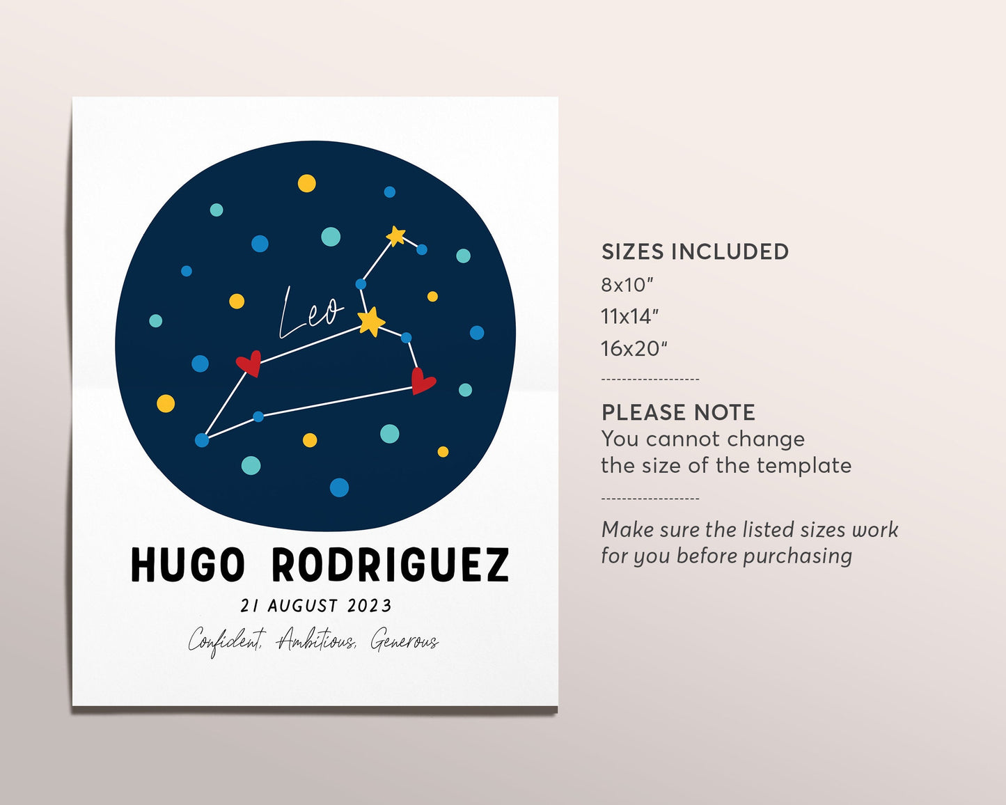 Leo Zodiac New Baby Gift Editable Template, Astrological Star Sign, Constellation Art Print, Astrology Nursery Wall Decor Printable