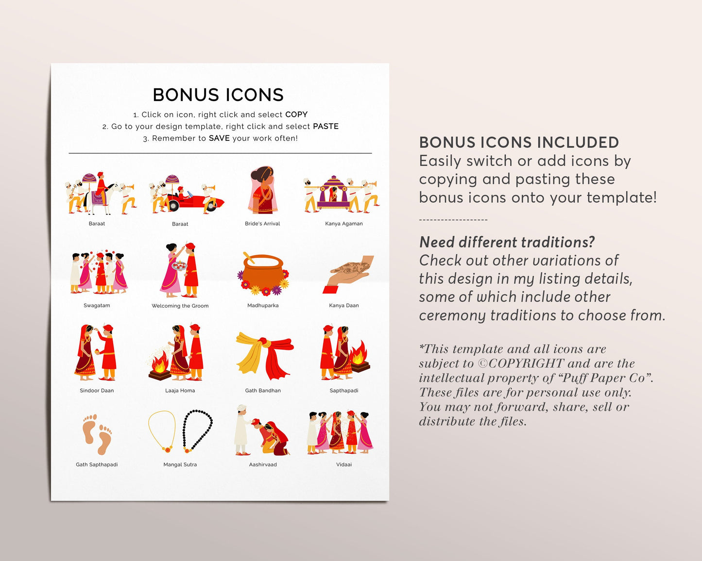 Editable Hindu Ceremony Program Template, Long Hindu Order Of Events Wedding Program, Indian Wedding Ceremony Steps, Modern Invitation