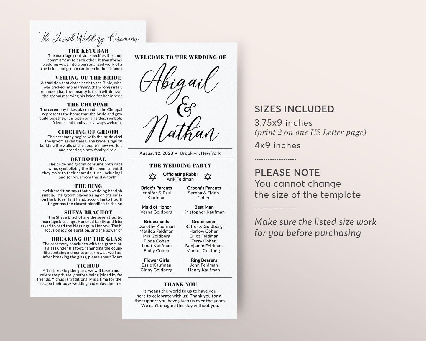 Jewish Wedding Program Template, Jewish Explanation, Judaica Minimal program, Long Wedding Program, Religious Wedding Program Guide