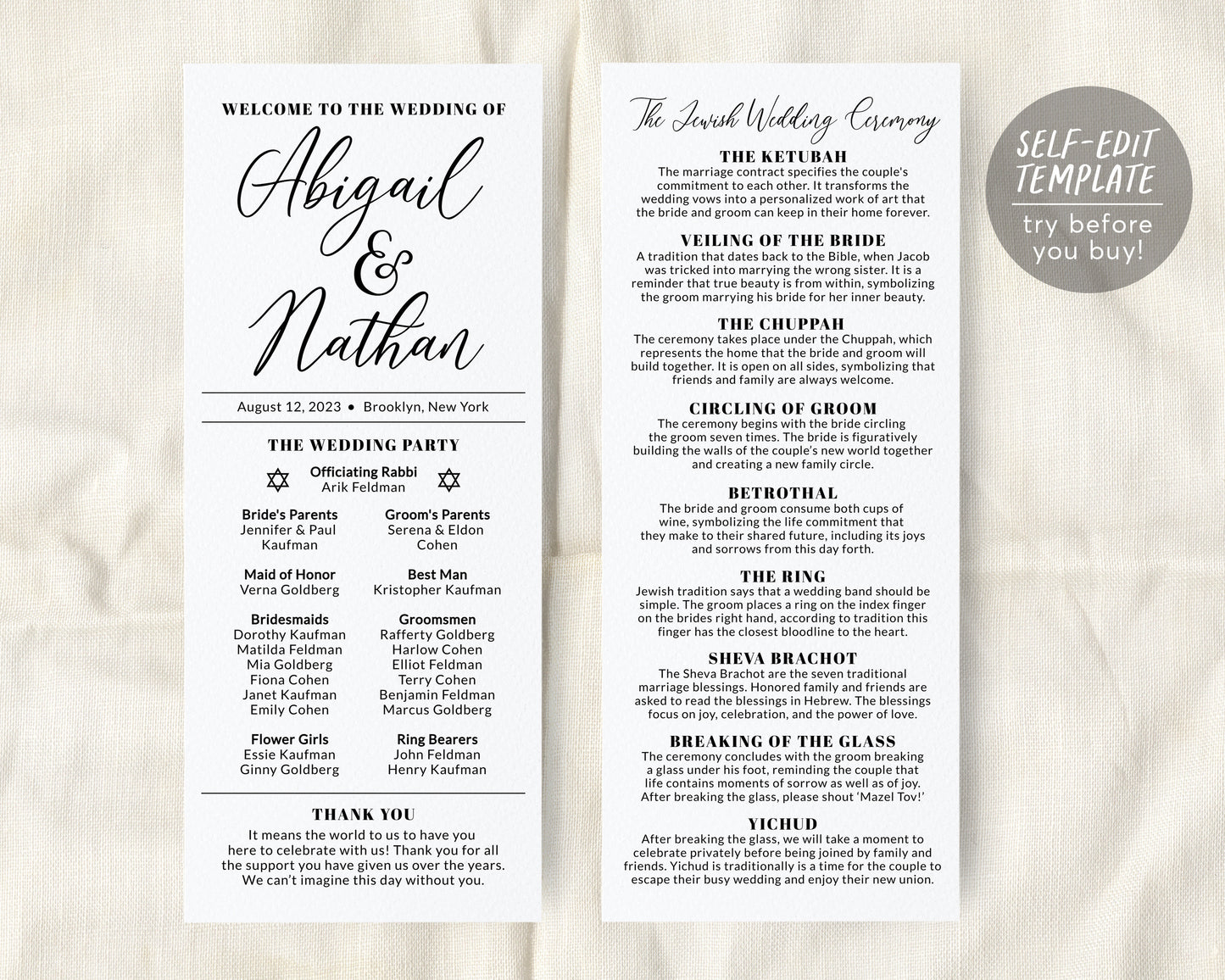 Jewish Wedding Program Template, Jewish Explanation, Judaica Minimal program, Long Wedding Program, Religious Wedding Program Guide