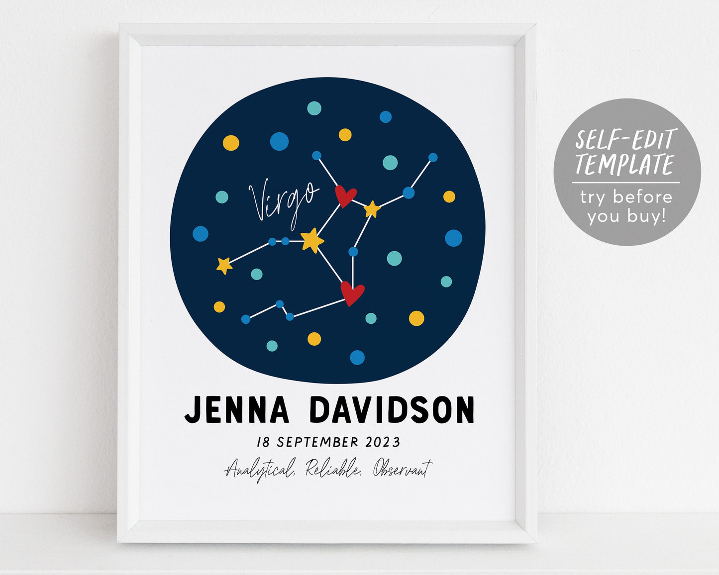 Virgo Zodiac New Baby Gift Editable Template, Astrological Star Sign, Constellation Art Print, Astrology Nursery Wall Decor Printable