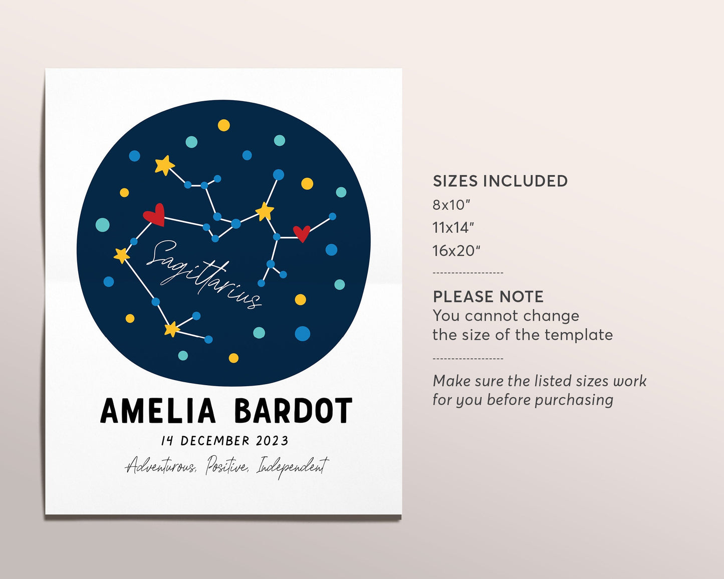 Sagittarius Zodiac New Baby Gift Editable Template, Astrological Star Sign, Constellation Art Print, Astrology Nursery Wall Decor Printable