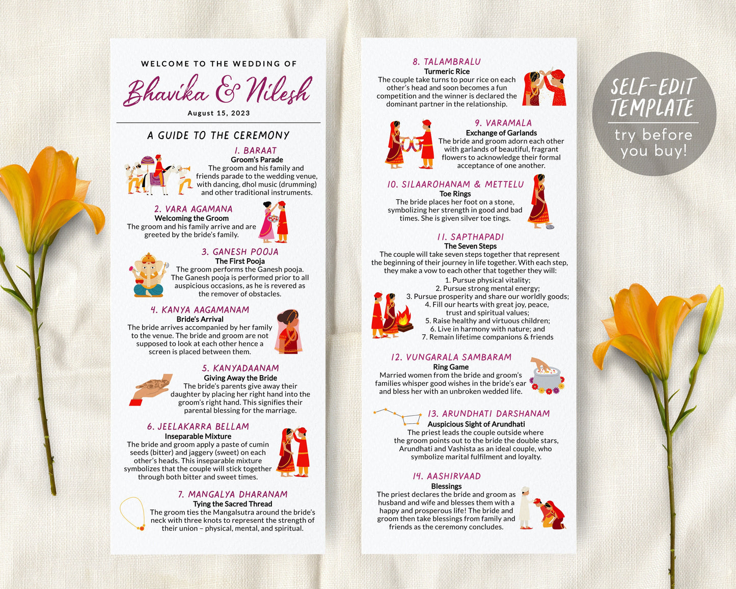 Editable Telugu Ceremony Program, Telugu Wedding Program, Long Tall Indian Wedding Ceremony, Hindu Wedding Ceremony Program Infographic