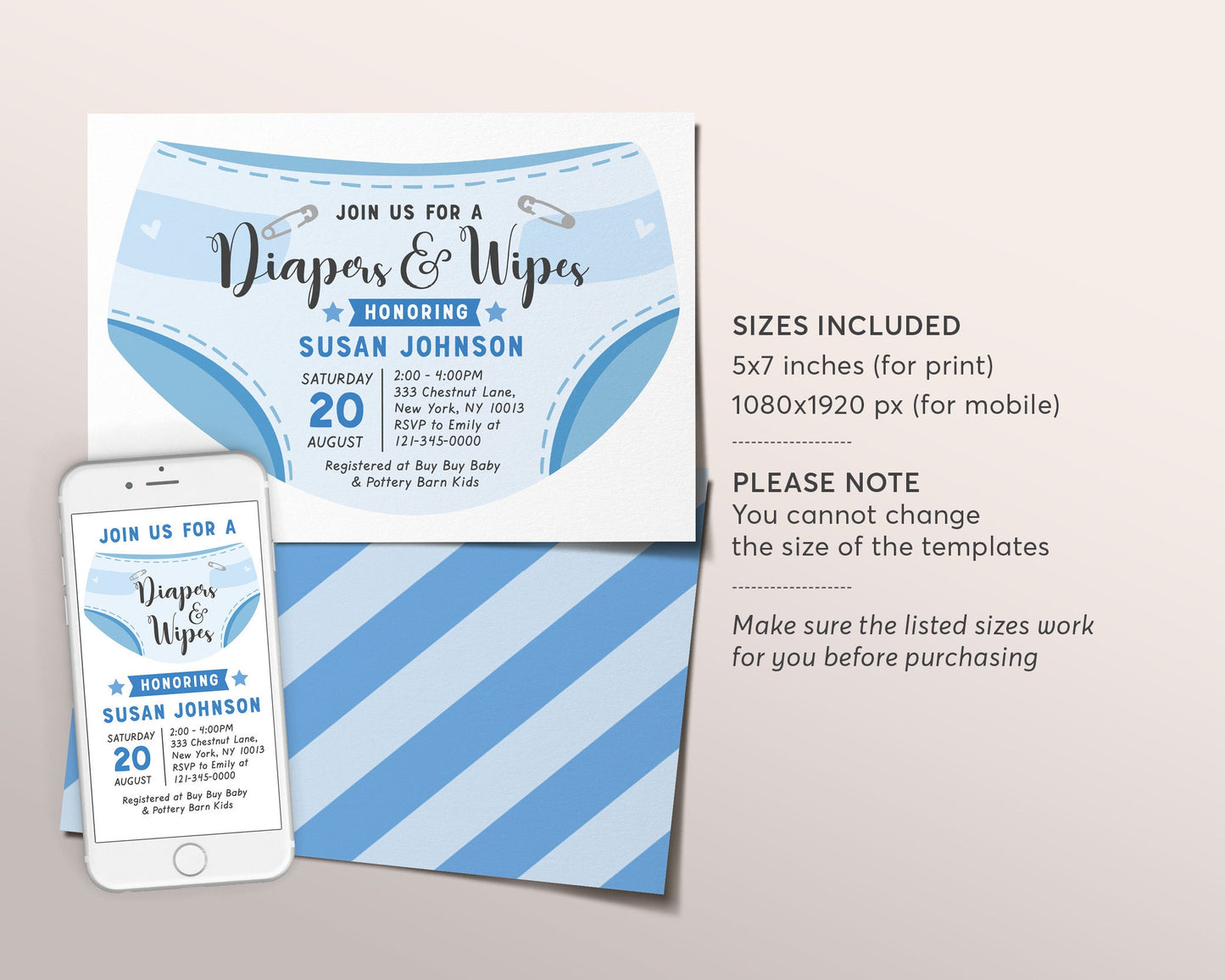 Editable Diaper and Wipes Baby Shower Invitation Template, Baby Boy Blue Baby Shower, Nappy, Baby Sprinkle Invite, It's A Boy