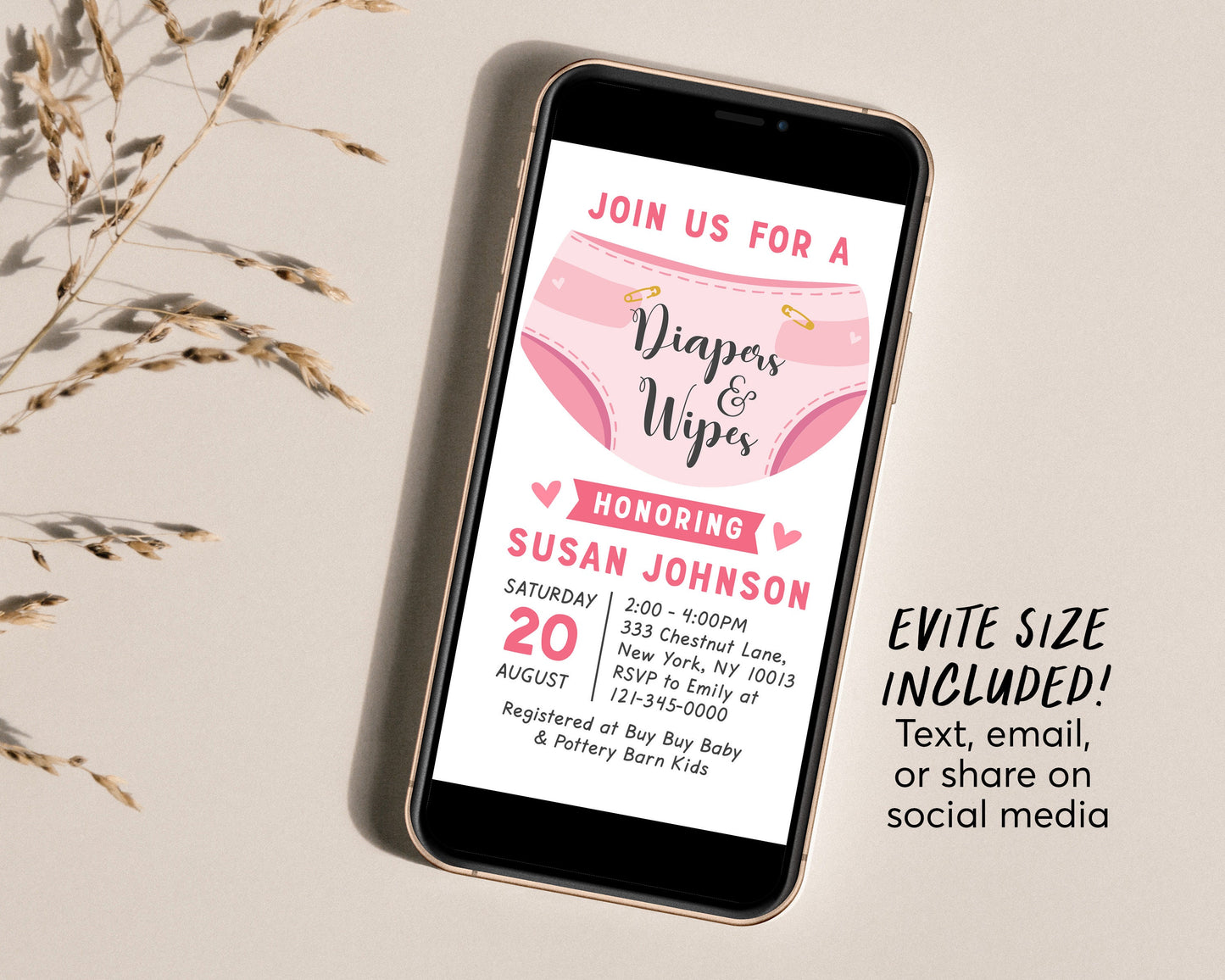 Editable Diaper and Wipes Baby Shower Invitation Template, Baby Girl Pink Blush Baby Shower, Nappy, Baby Sprinkle Invite, It's A Girl