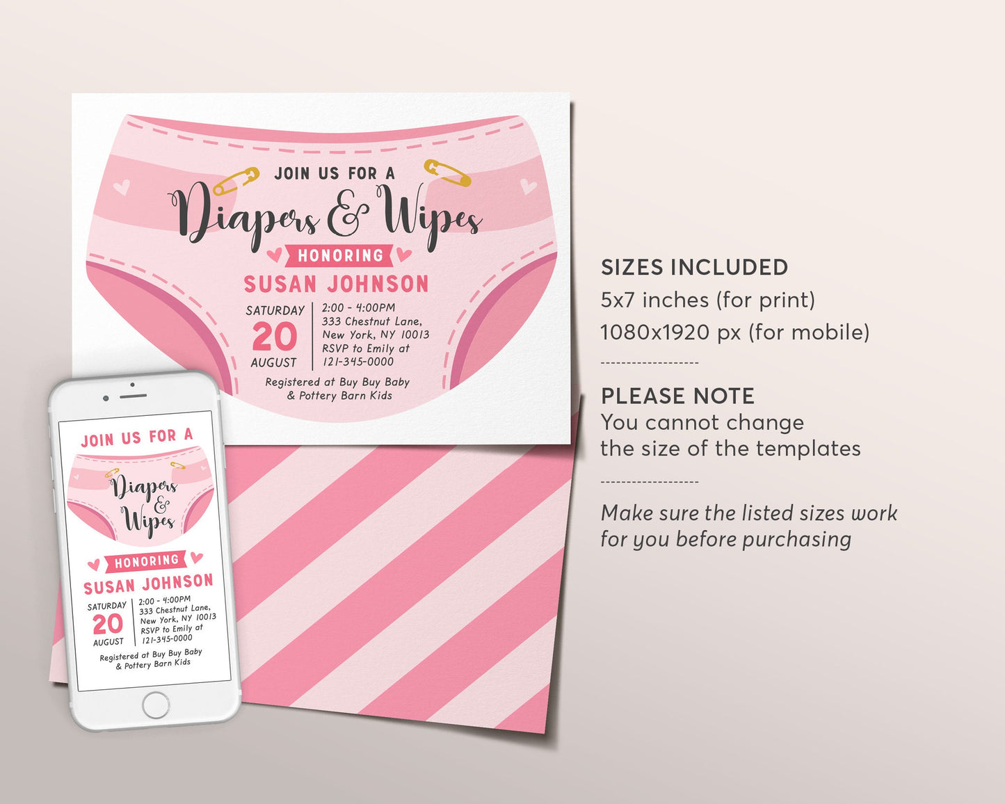 Editable Diaper and Wipes Baby Shower Invitation Template, Baby Girl Pink Blush Baby Shower, Nappy, Baby Sprinkle Invite, It's A Girl