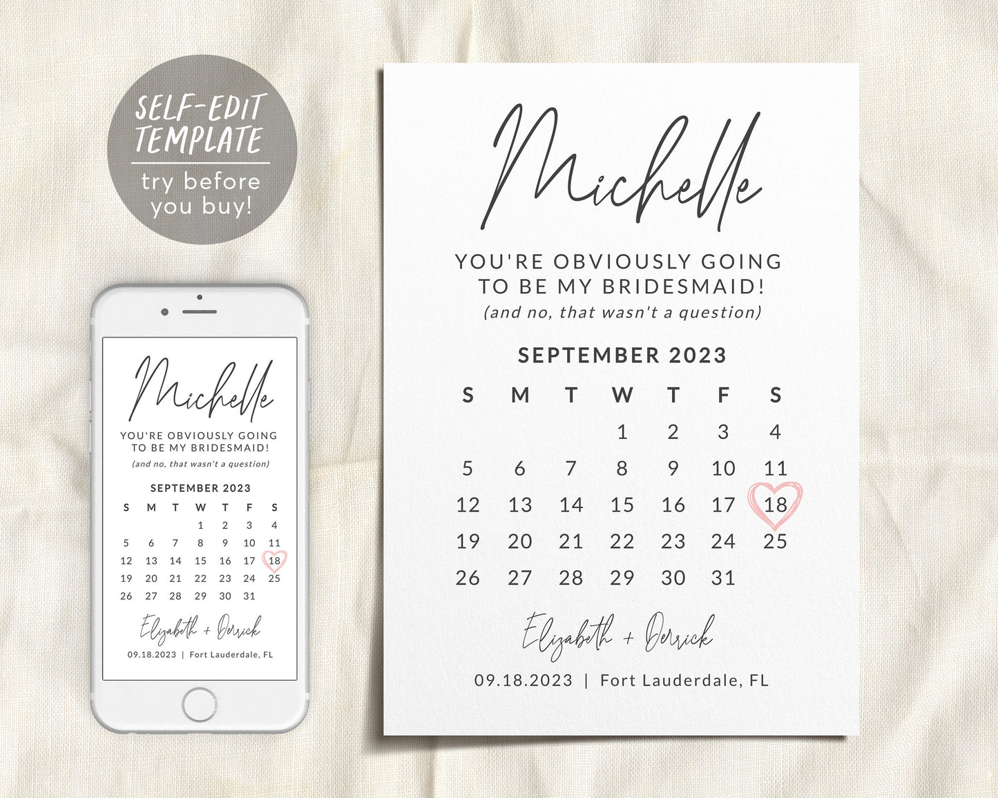 Bridesmaid Calendar Proposal Card Editable Template, Funny Maid Of Honor Proposal, Will You Be My Bridesmaid, Minimalist Save The Date