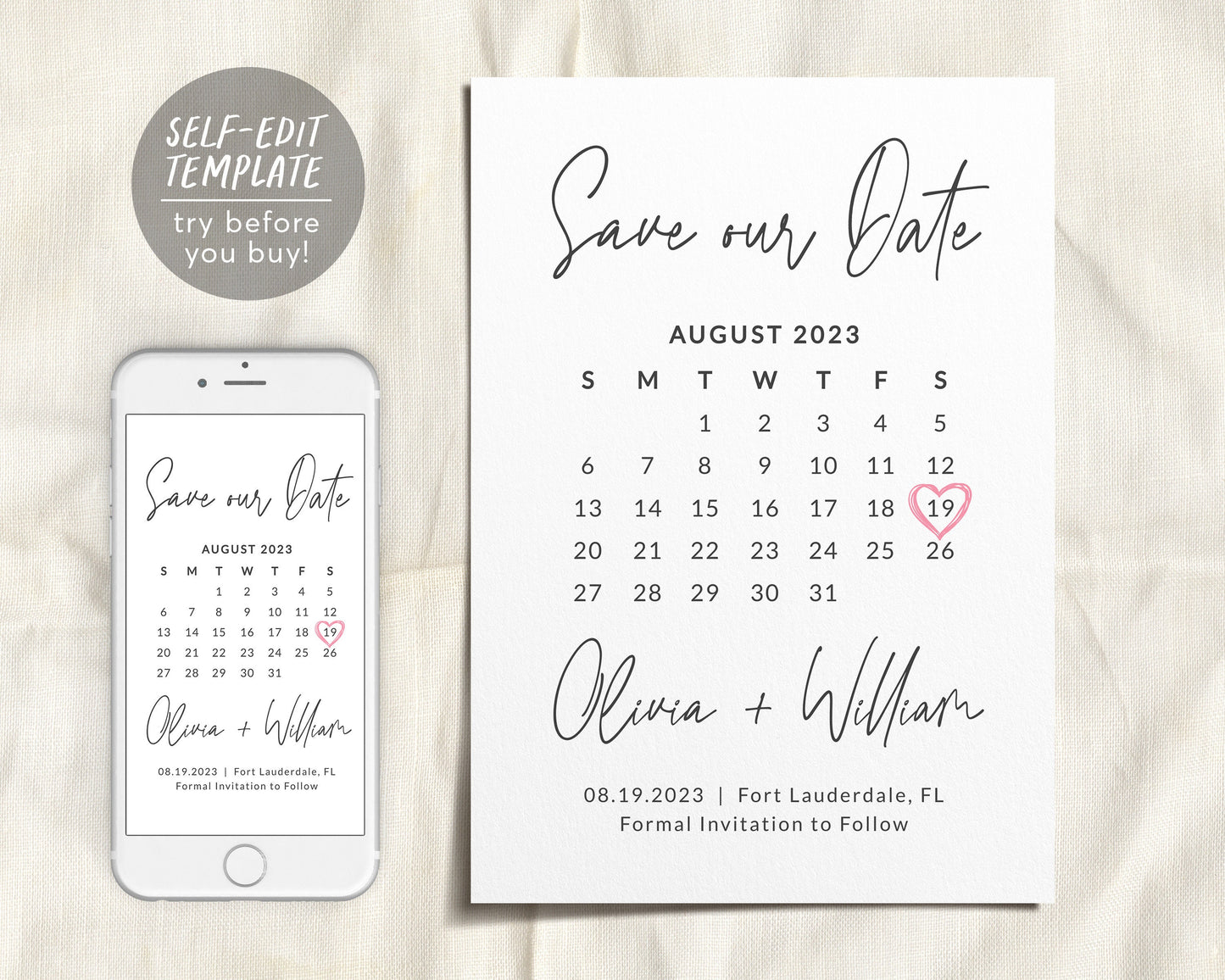 Calendar Save the Date Editable Template, Modern Simple Minimalistic Modern Invitation, Heart Marker Save Our Date Invite Printable