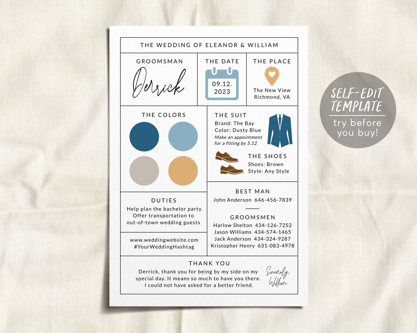 Groomsman Info Card Editable Template, Groomsmen Expectations Info Proposal Card, Best Man Information Card, Minimalist Modern Infographic